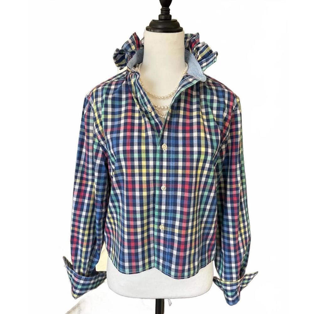 Upcycled Multicolor Checkered Button-Up Shirt Cropped with Ruffled Collar